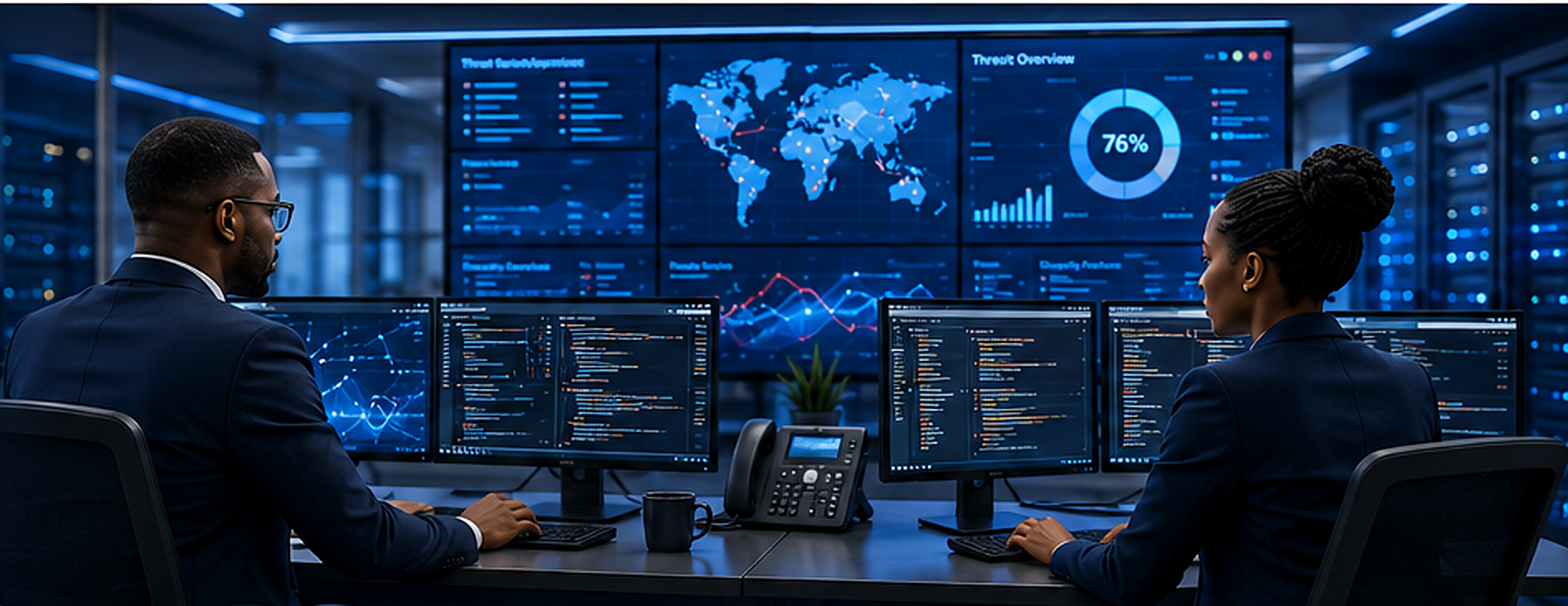 Black African cybersecurity professionals monitoring enterprise security systems in a SOC